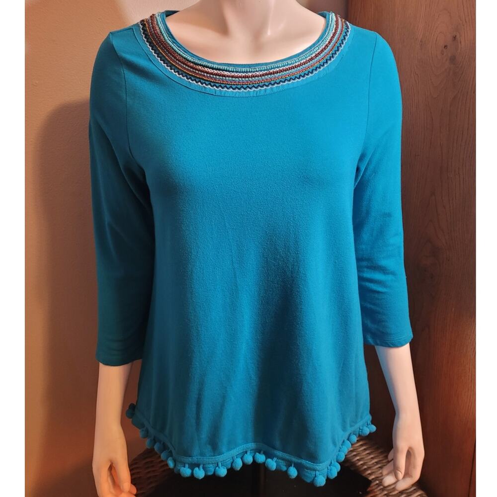 Vivid Turquoise Embroidered Beaded Boho Top Pom Pom Hem 3/4 Sleeve Small